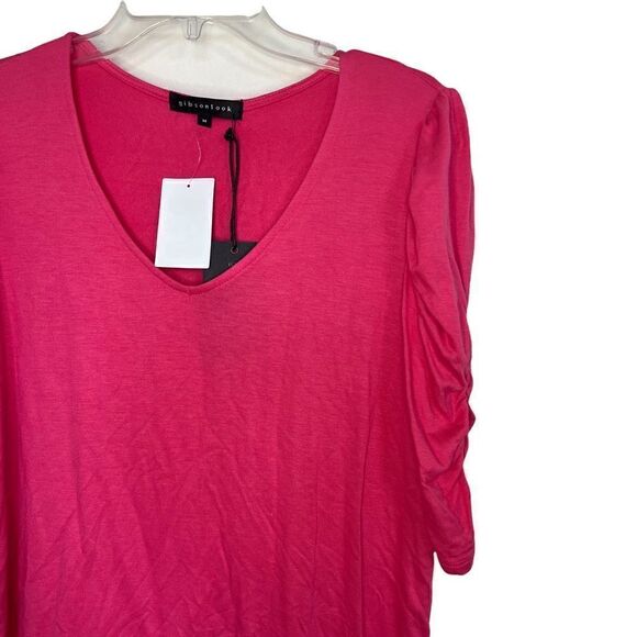 Gibson Look V-Neck Ruched Sleeve Top In Bright Coral - Picture 5 of 8